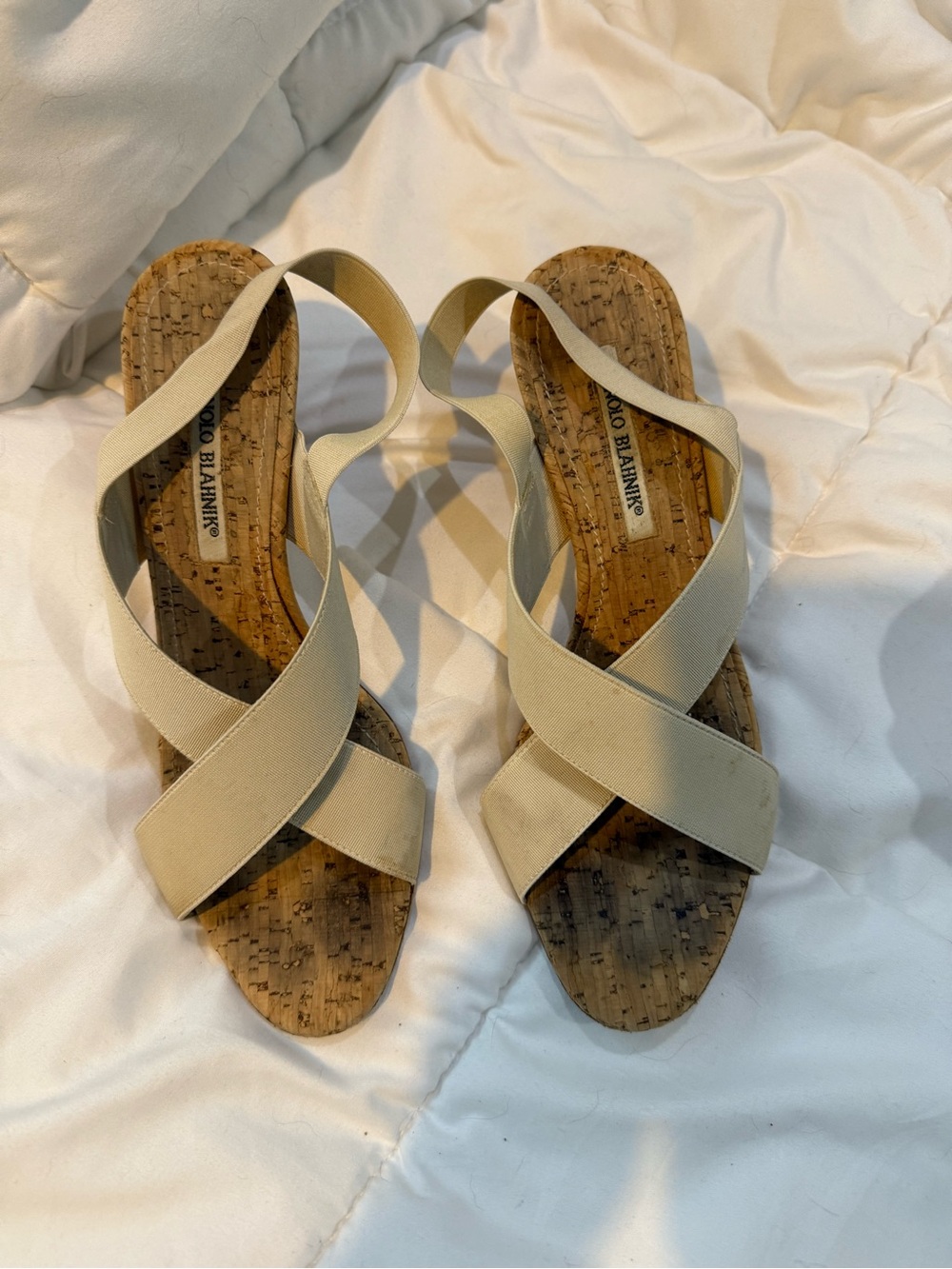 Manolo Blahnik  Cream Cross-Strap Cork Sandals - Women